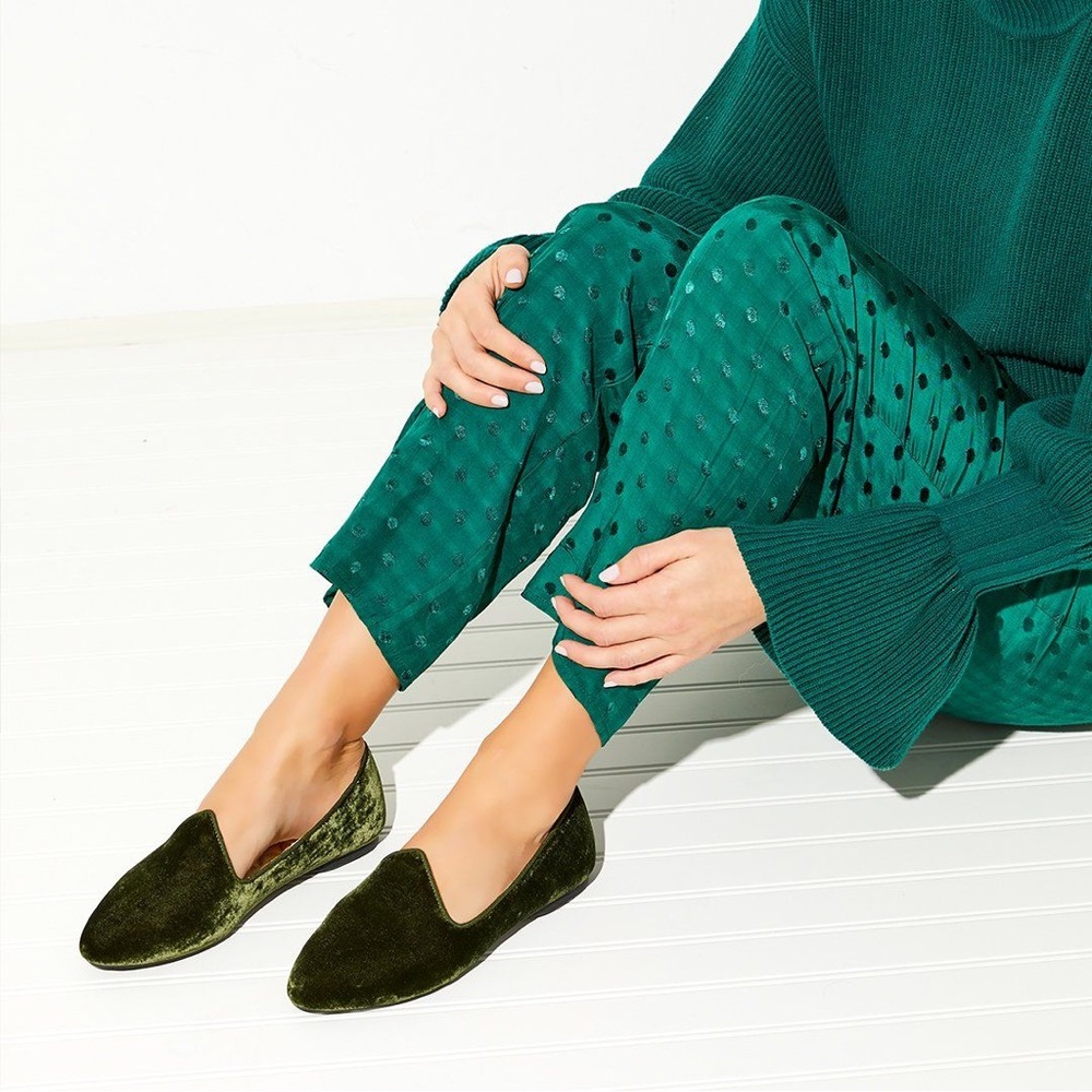 RARE & RETIRED Birdies HERON Olive Luxe Velvet Smoking Flats/Loafers/Slippers - Picture 15 of 16